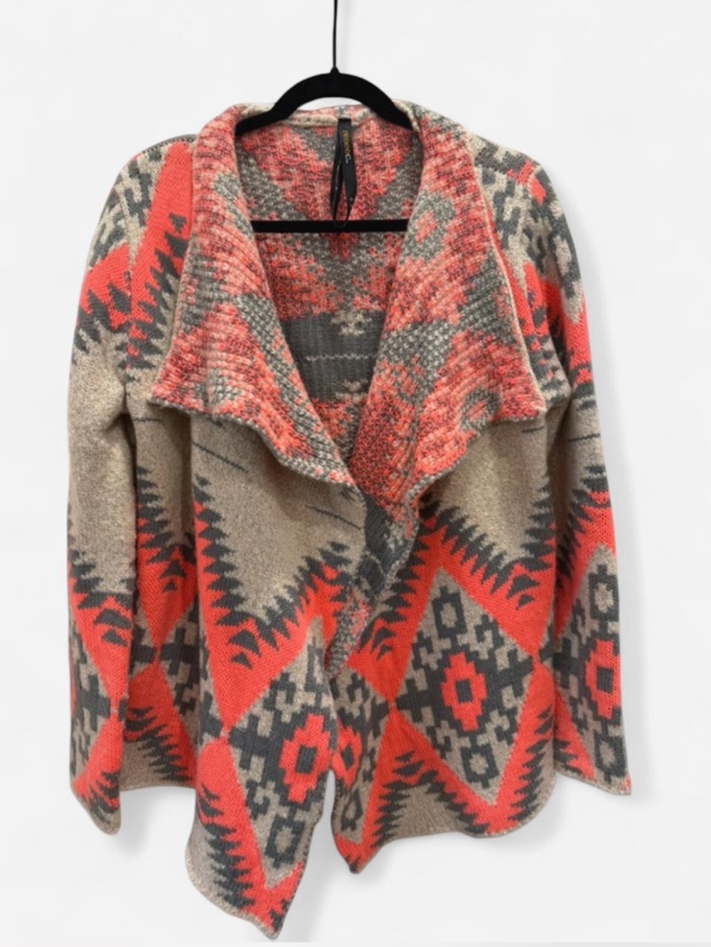 Open-Front Geometric Cardigan in Coral, Gray & Cream